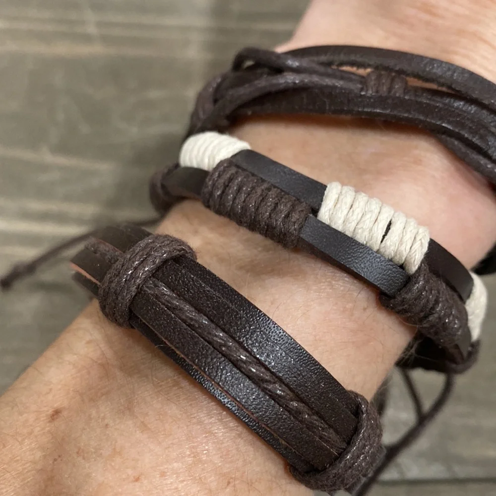 ( 3 ) NEW 100% Leather Brown & Cream Boho Adjustable Bracelet SET - Picture 3 of 6